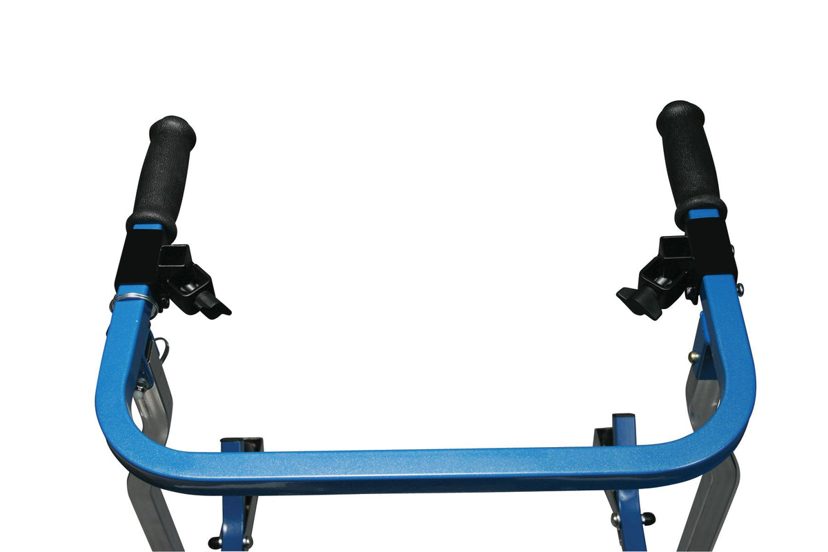 Forearm platform attachments with black padded grips and locking brackets mounted on a blue walker frame