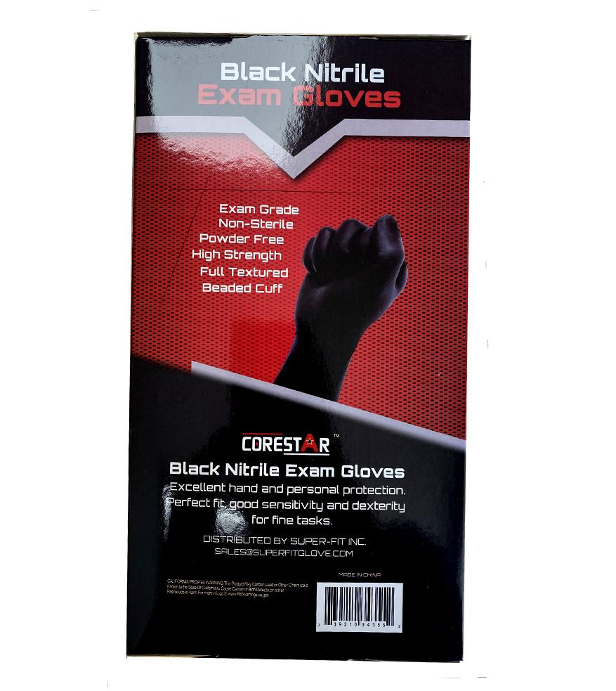 Nitrile exam gloves box back panel showing a gloved fist, product features list, and barcode on red and black packaging