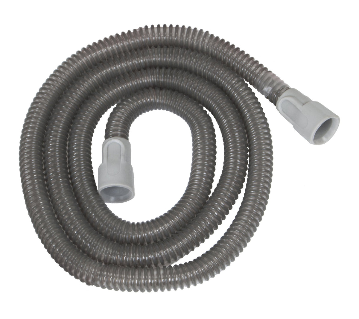 CPAP tubing coiled in a circle with gray corrugated hose and white cuffed connectors on each end