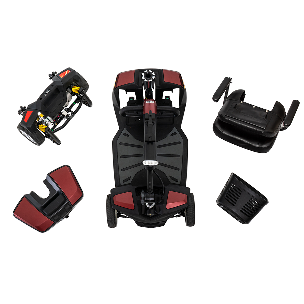 Power scooter shown disassembled from above, with red and black frame, seat, tiller, rear section, and basket laid out