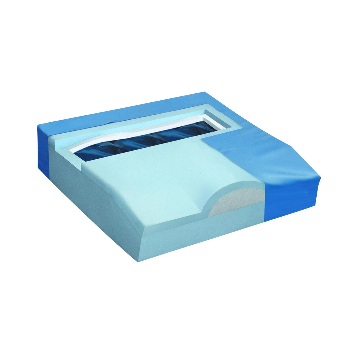 Wheelchair cushion cutaway view showing blue foam base with contoured layers and dark gel insert on white background