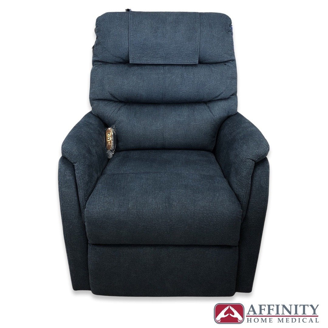 Lift chair recliner in dark blue textured fabric with padded high back, wide seat, and padded armrests, shown from front