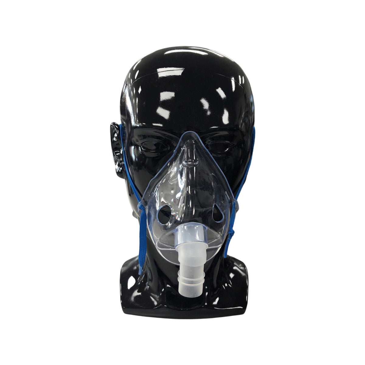 Nebulizer mask adult size in clear plastic with blue elastic straps, shown on black mannequin head, front view