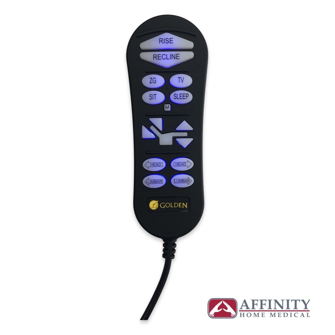 Lift chair hand control by Golden with backlit buttons for rise, recline, sit, sleep, ZG, TV, head, and lumbar adjustments