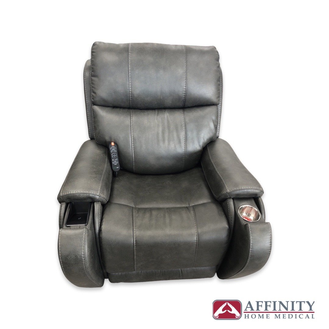 Power lift recliner in steel gray suede fabric with side storage compartment, cup holder, and remote control