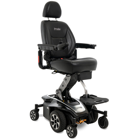 Pride Jazzy Air 2 power wheelchair with black captain's seat, elevating seat post, and six-wheel base on white background