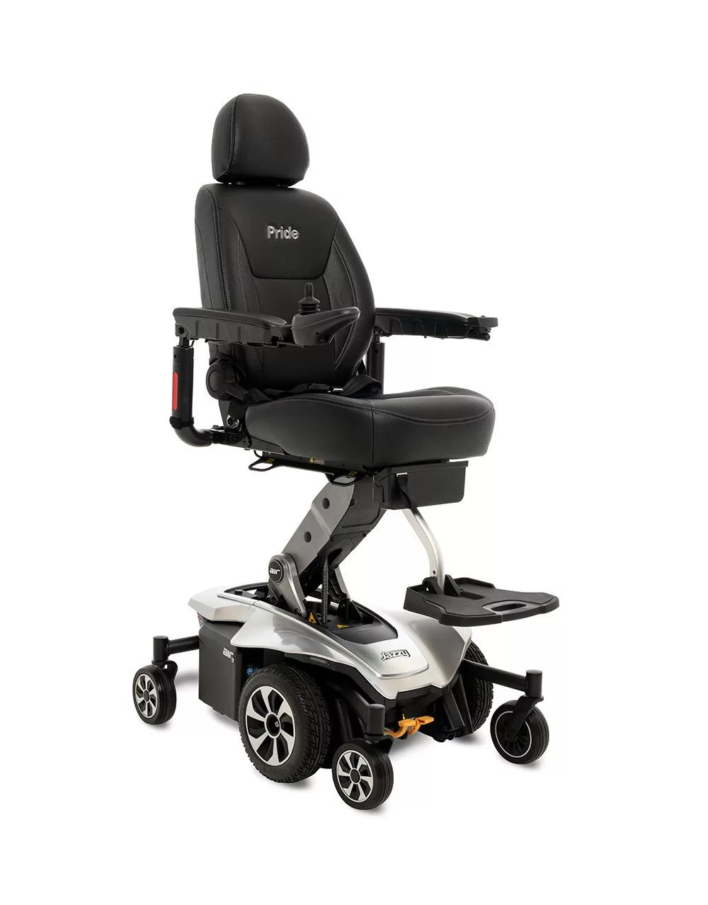 Power wheelchair with elevated black captain's seat, silver base, joystick control, footrest, and six wheels on white