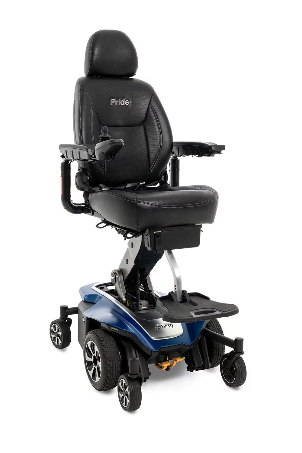Power wheelchair with black leather captain's seat, headrest, joystick control, and blue mid-wheel drive base on white