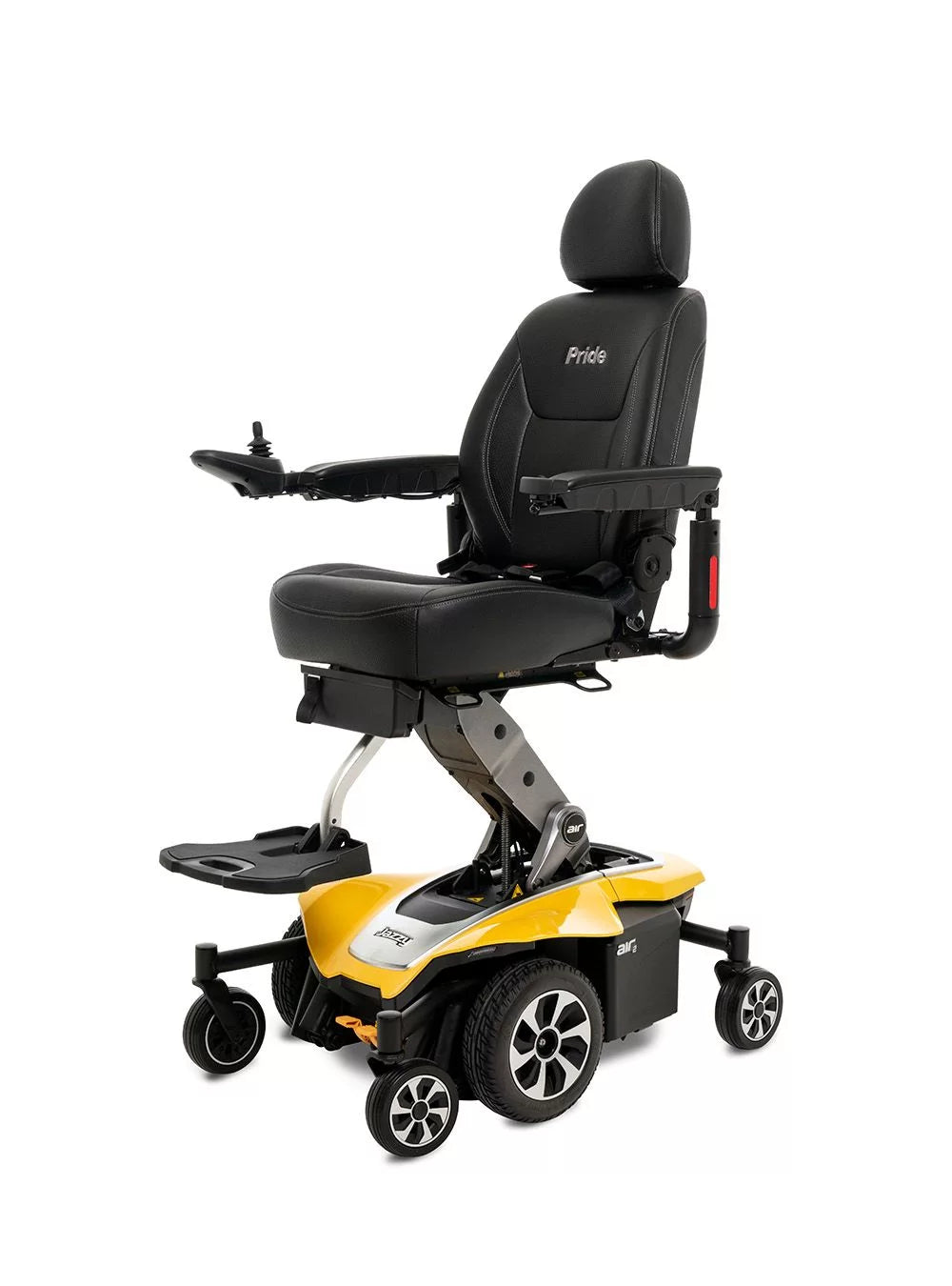Power wheelchair with yellow base, black captain's seat with headrest, joystick control, and elevating seat mechanism on