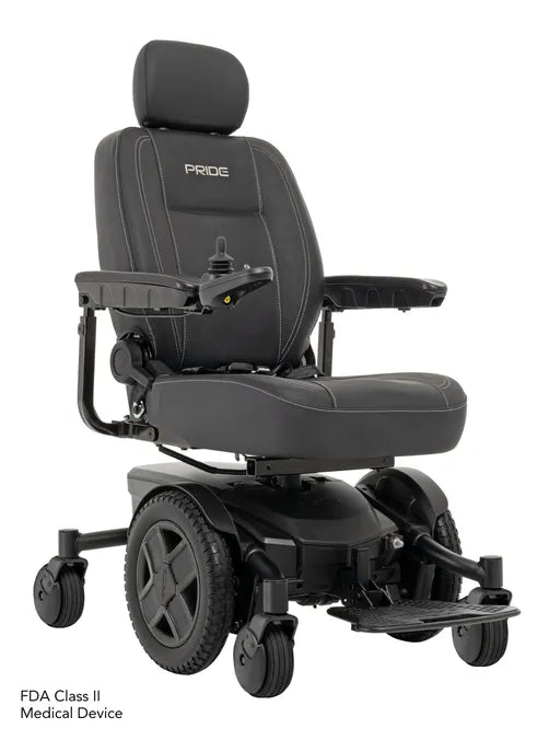 Pride Jazzy Evo 613 power wheelchair in black with padded captain's seat, headrest, joystick control, and mid-wheel drive
