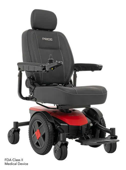 Pride Jazzy Evo 613 power wheelchair with gray captain's seat, headrest, joystick controller, and red base on white