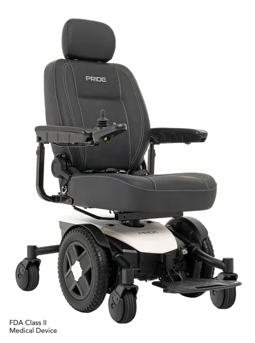 Pride Jazzy Evo 613 power wheelchair with gray captain's seat, headrest, joystick controller, and white base on white