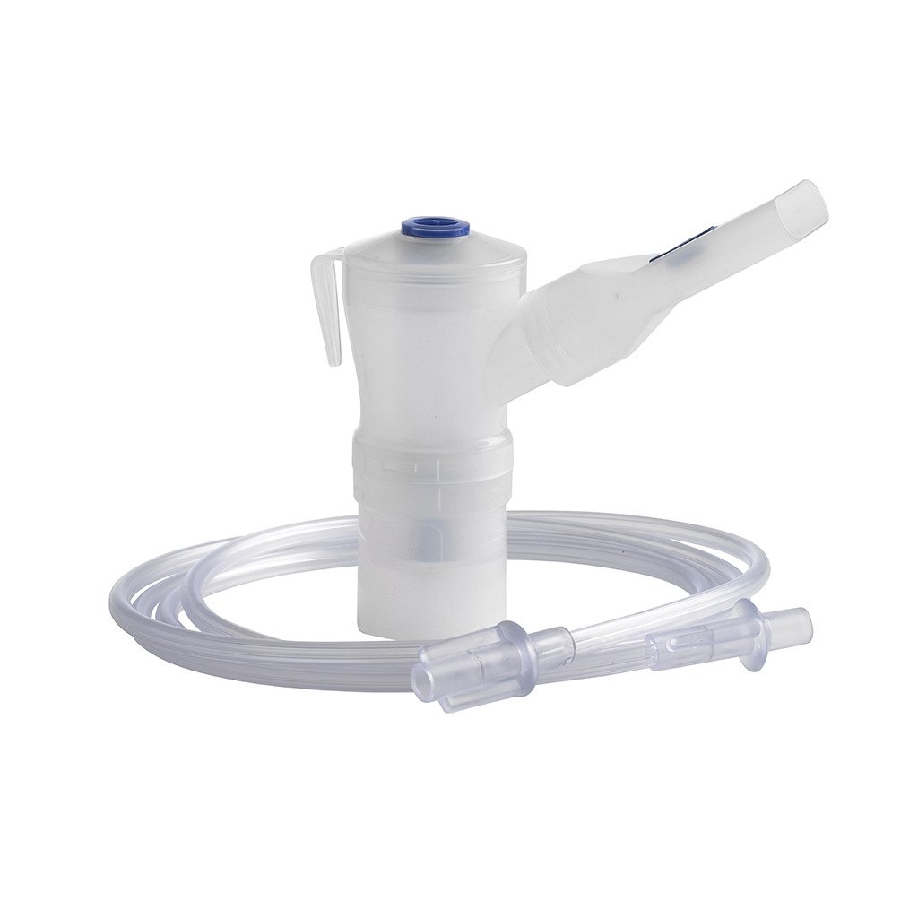Nebulizer kit with reusable medication cup, mouthpiece, and clear tubing on a white background