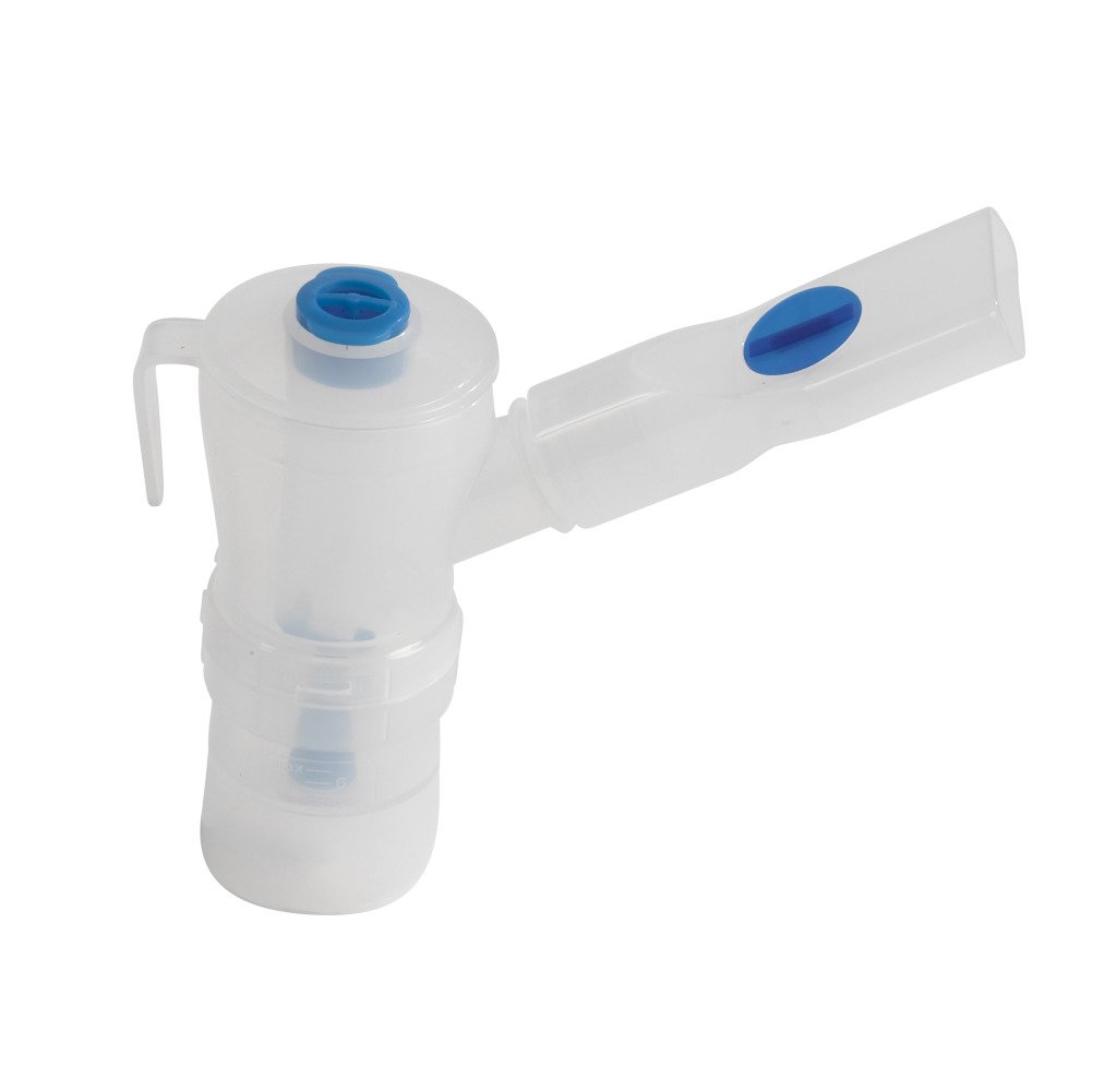 Reusable nebulizer mouthpiece with clear plastic cup, blue valve fitting, and angled mouthpiece on white background