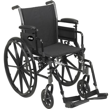 Wheelchair with flip-back removable arms, black frame and upholstery, large rear wheels, and swing-away footrests