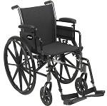 Lightweight black manual wheelchair with flip-back armrests, large rear wheels, and front swing-away footrests