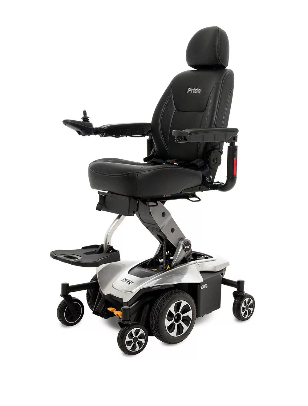 Power wheelchair with black leather captain's seat, joystick armrest, elevated seat lift mechanism, and silver base with