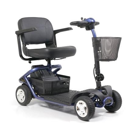 Four-wheel mobility scooter with blue frame, black padded seat, front wire basket, and rear storage basket on white