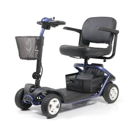 4-wheel mobility scooter in blue with black padded seat, front wire basket, rear storage basket, and tiller steering column