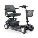 Four-wheel mobility scooter in blue with padded seat, armrests, tiller steering, and front basket