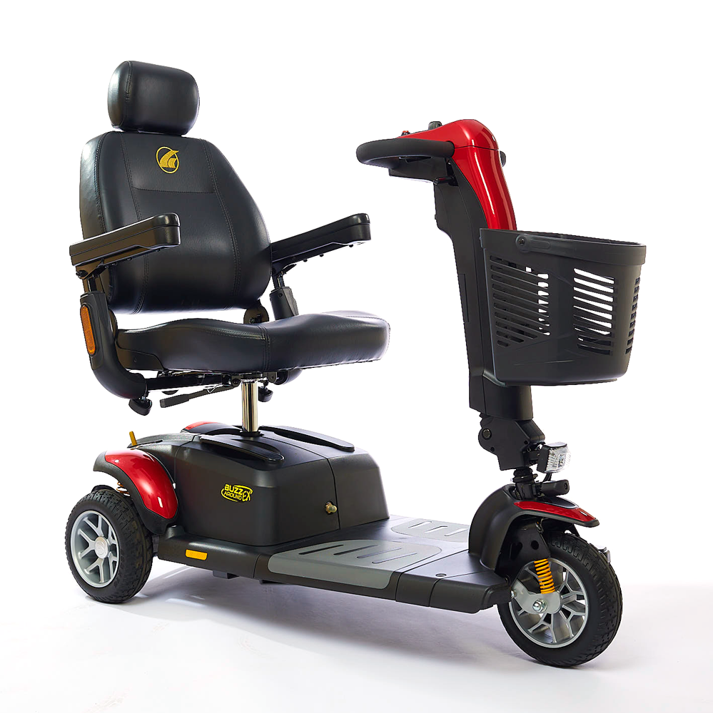 Travel scooter with red accents, black captain seat with headrest, front basket, tiller steering, and three wheels on white