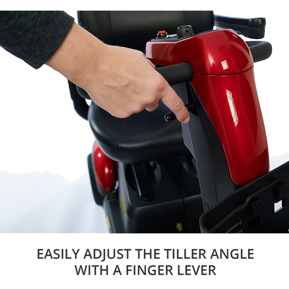 Travel scooter tiller adjustment shown with hand pressing finger lever on red and black mobility scooter handlebar column