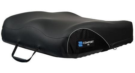 Wheelchair cushion with black cover, contoured seat surface, mesh side panel, and carry strap