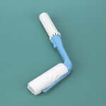 Toilet aid with blue angled handle and white foam roller attachment on teal background