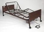 Semi-electric hospital bed with dark wood-tone finish, metal frame, raised head section, and attached control cord