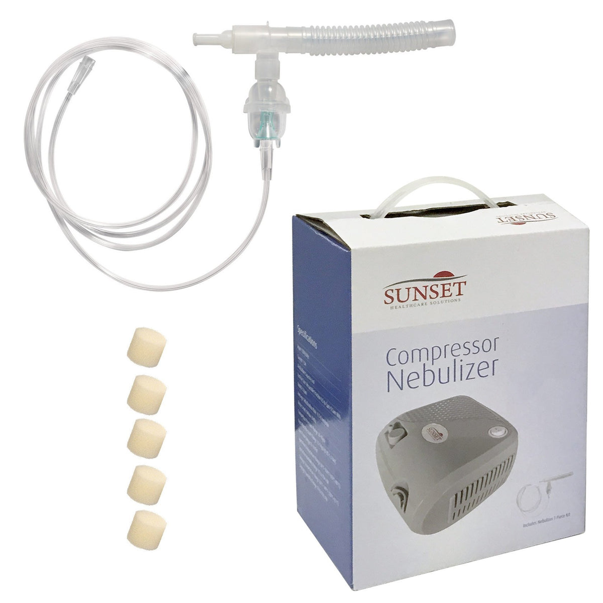 Compressor nebulizer kit with retail box, clear tubing, mouthpiece, and foam filters displayed on white background