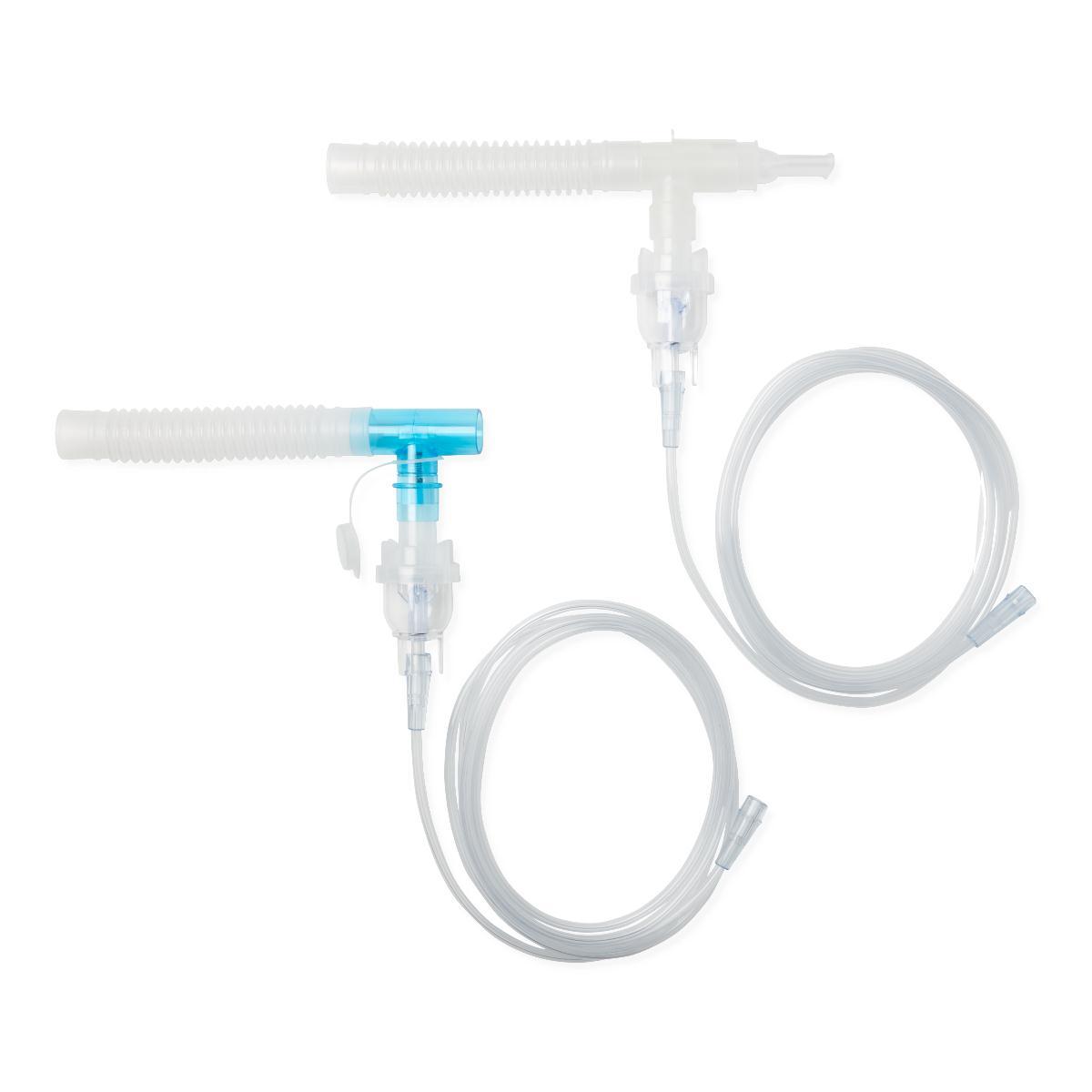 Nebulizer kit with two T-style mouthpieces, corrugated tubing, and clear supply tubing on white background