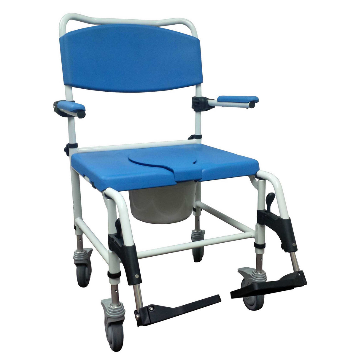 Bariatric shower commode chair with blue padded seat and back, white aluminum frame, four casters, removable bucket, and