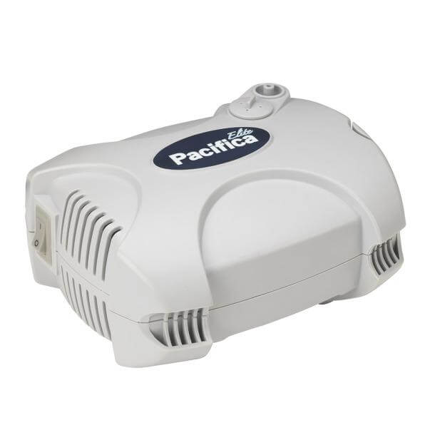 Pacifica Elite compressor nebulizer, white with navy oval logo, ventilation grilles on sides, tubing port on top