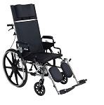 Reclining wheelchair with high back, headrest, elevating leg rests, and large rear wheels in black