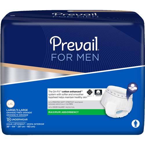 Prevail For Men incontinence underwear package, Large/X-Large, 18 count, maximum absorbency, navy blue bag