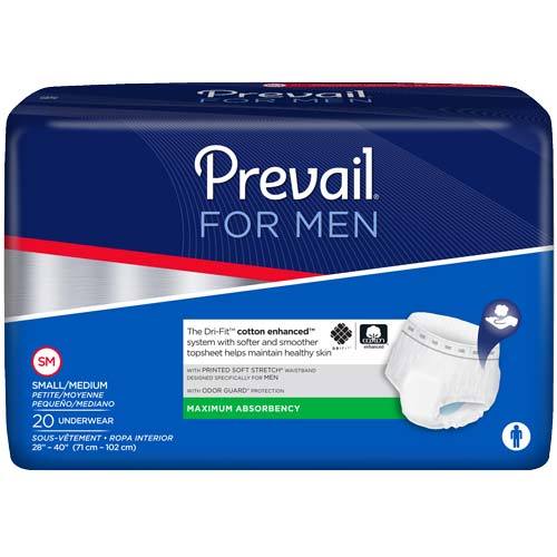 Prevail incontinence underwear for men, small/medium, maximum absorbency, 20-count package in navy blue packaging