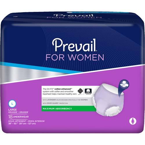 Prevail For Women maximum absorbency incontinence underwear, large size, 18-count package in purple and navy packaging
