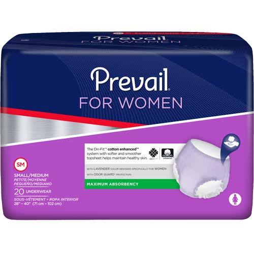 Prevail incontinence underwear for women, small/medium, maximum absorbency, 20-count package in purple and navy packaging