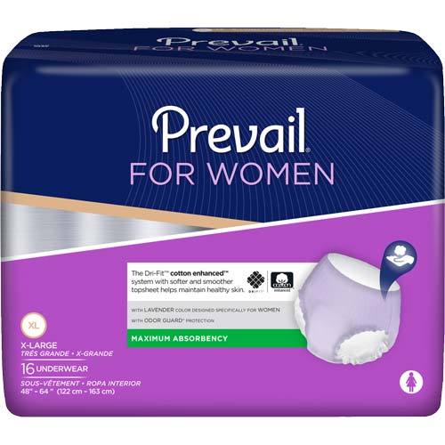 Prevail For Women incontinence underwear, X-Large, maximum absorbency, 16-count package in purple and navy packaging