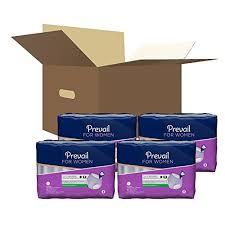 Prevail incontinence underwear for women, four packages displayed in front of an open cardboard shipping box