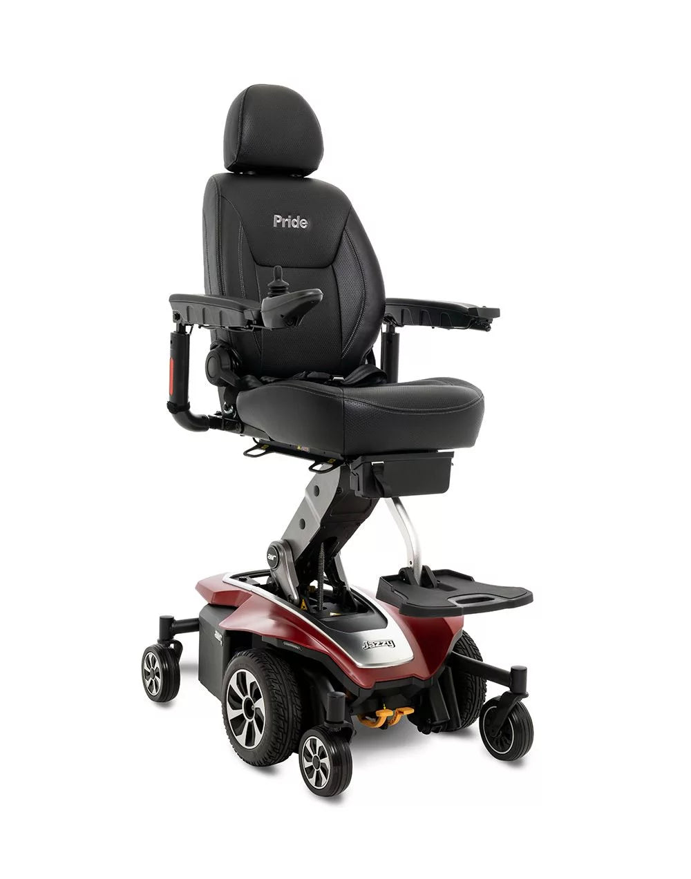 Power wheelchair with elevated black captain's seat, joystick controller, footrest, and red mid-wheel drive base on white