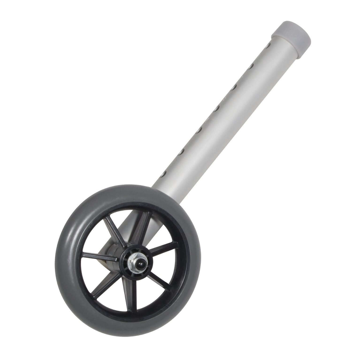 Walker wheel replacement with gray rubber tire, black spoked hub, and aluminum leg tube with end cap, shown on white