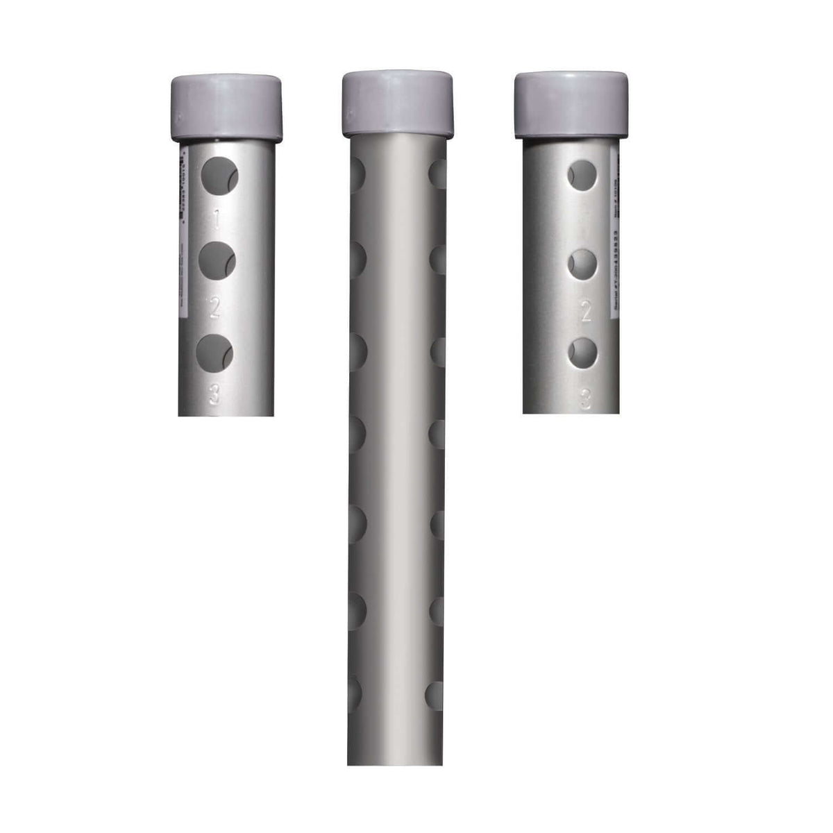 Walker wheel axle posts in three sizes, silver aluminum with numbered adjustment holes and gray end caps, shown on white