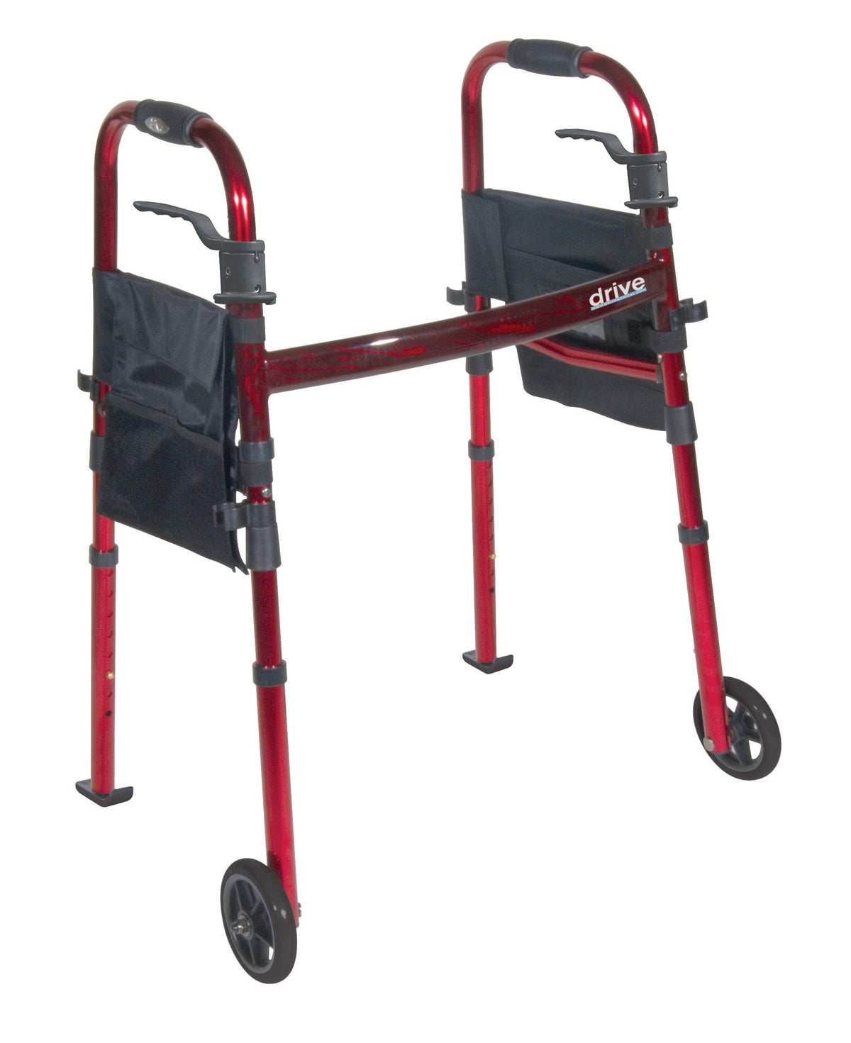 Portable folding travel walker with red frame, two front wheels, fold-up legs, hand brakes, and black side pouches