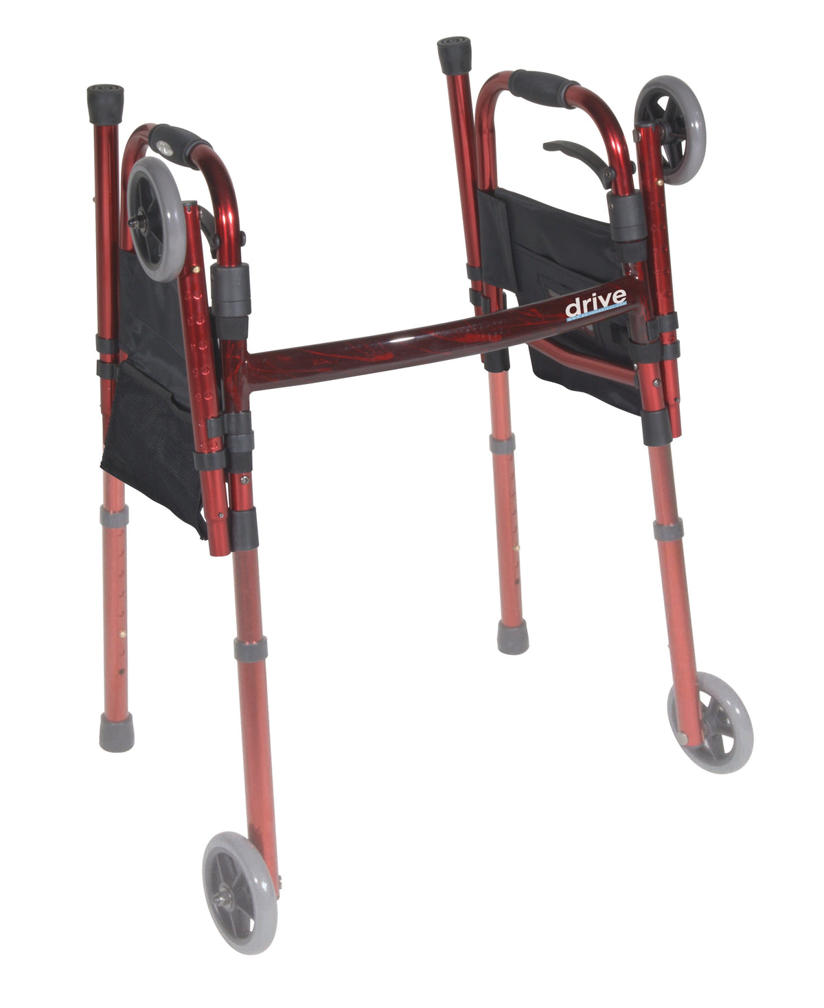 Portable folding travel walker with 5-inch wheels, fold-up legs, hand brakes, and black seat in red finish