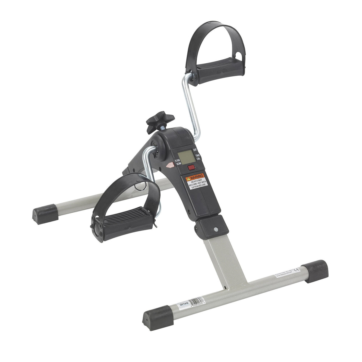 Folding pedal exerciser with two foot pedals, adjustable straps, silver metal frame, and digital LCD display monitor