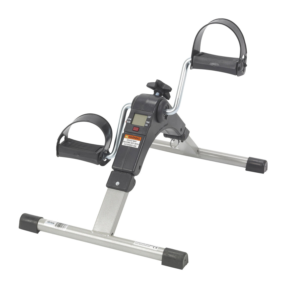 Folding pedal exerciser with two foot pedals, adjustable straps, digital display monitor, and silver metal frame on white