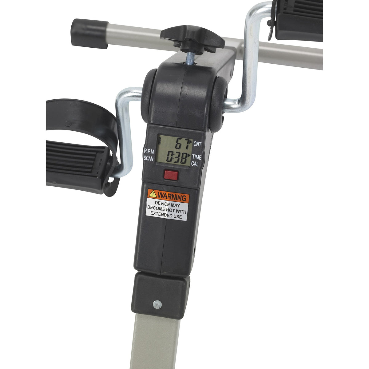 Folding exercise peddler close-up showing digital display with RPM, time, and calorie readouts, pedal straps, and resistance