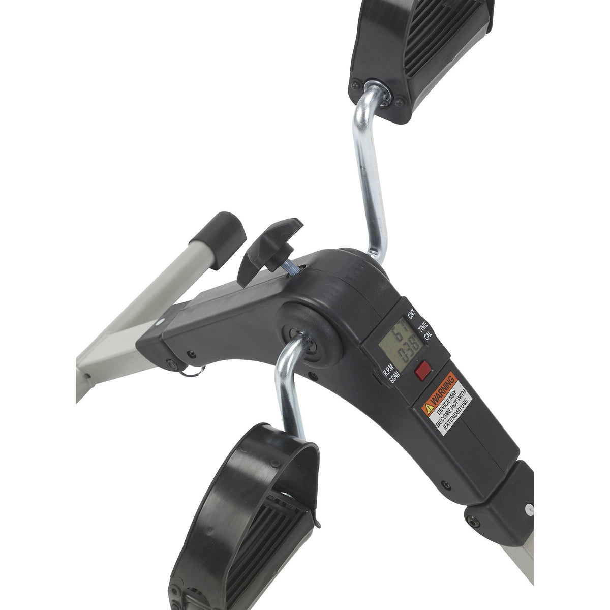 Folding exercise peddler close-up showing digital LCD display, resistance knob, pedal with strap, and silver folding frame