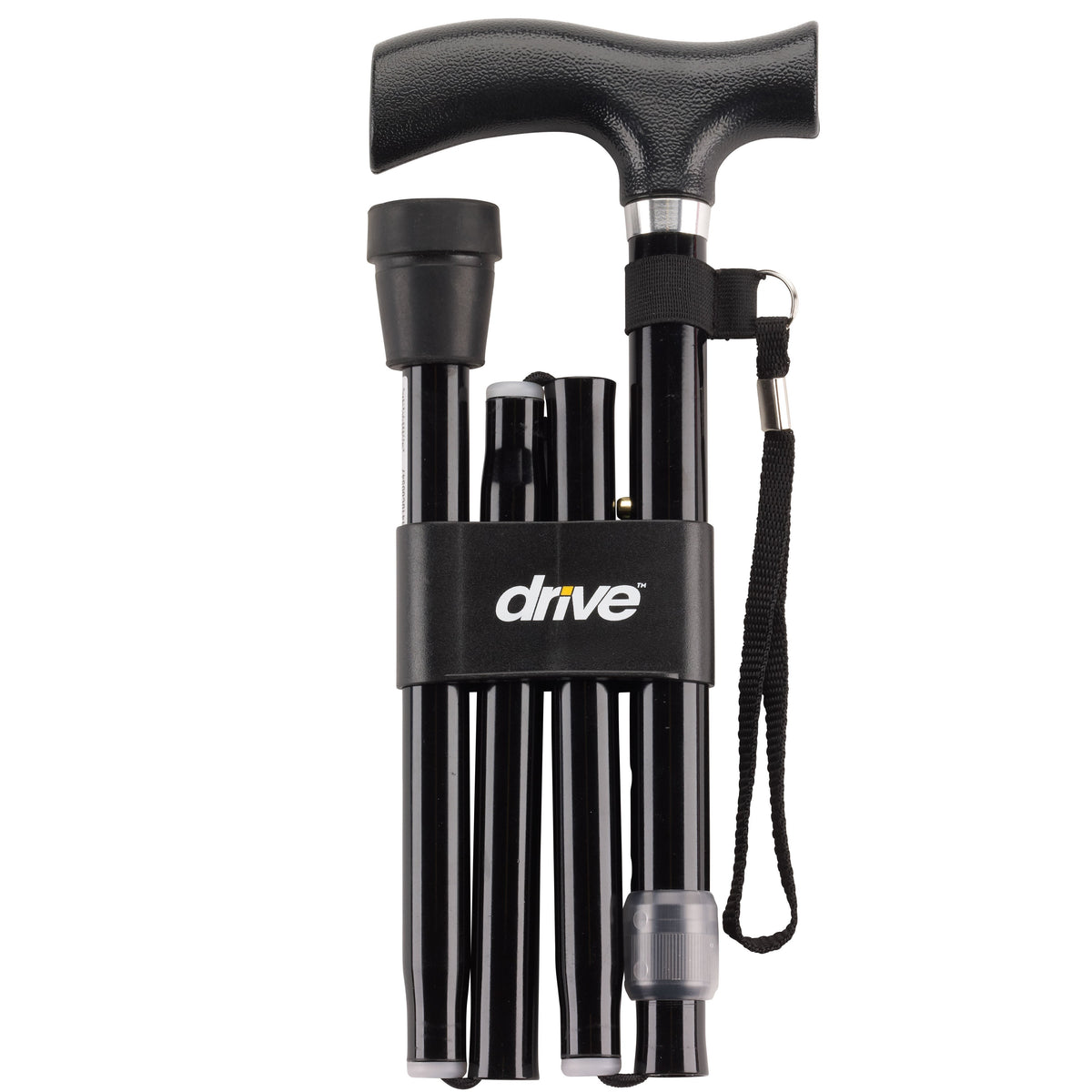 Folding cane in collapsed position, black with T-handle grip, wrist strap, and rubber tip, shown with securing strap band